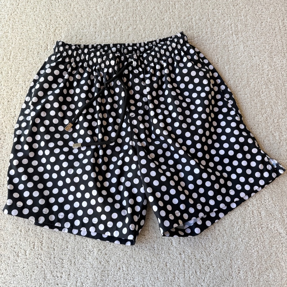 Kenny Flowers Swim Trunks Mens Medium Black White Polka Dot Excellent 5.5 Inseam